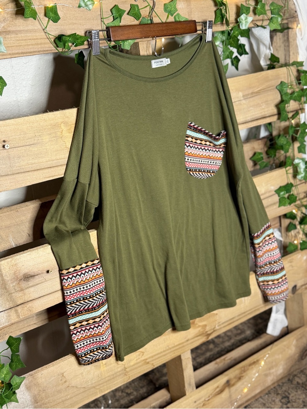 Olive Green Long Sleeve Top with Patterned Pocket & Cuff Detail